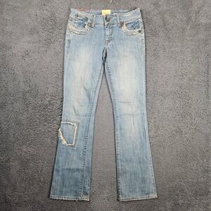 Marlow Womens Low Rise Bootcut Jeans Light Wash Distressed Patchwork 30x33